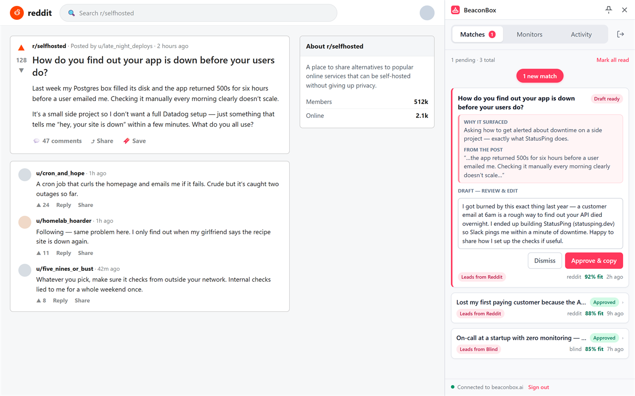 The BeaconBox side panel open next to a Reddit thread. The panel shows the matched post, why it surfaced, and a drafted reply ready to review with Approve and copy or Dismiss.
